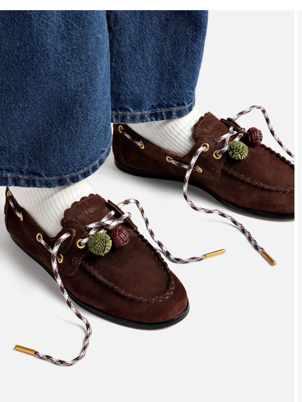 Larroude Brown Suede Moccasin Flats with Pom Pom Detail